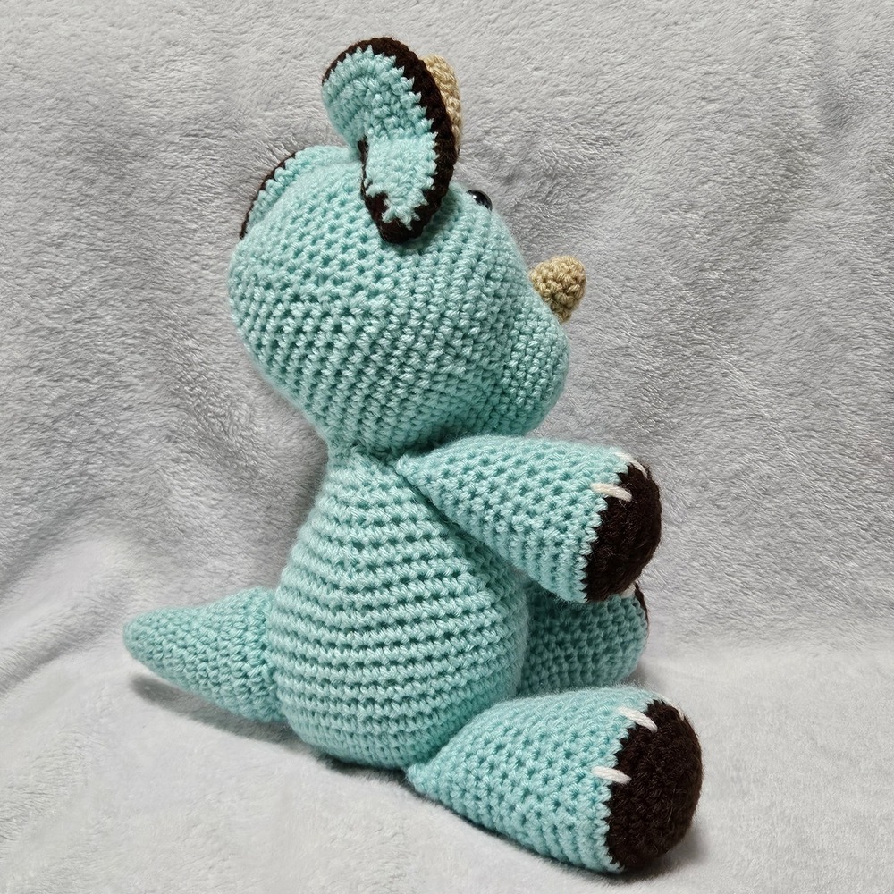 Handmade Crocheted Triceratops Amigurumi Stuffed‎ Toy Dinosaur 15" teal Brown - Picture 3 of 5